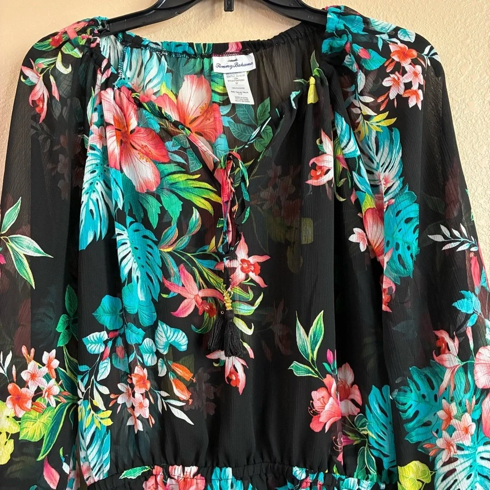 Tommy Bahama Size S Floral Black Ruffle Sheer Tunic‎ Dress Swim Coverup Vacation